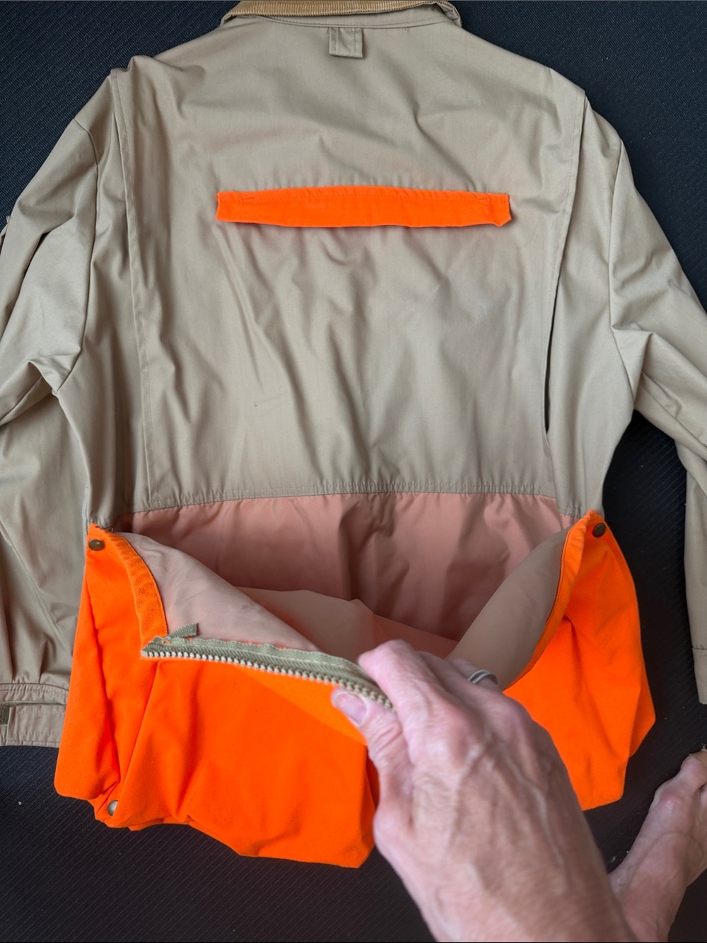 Men's Tan Field Jacket with High-Vis Orange Quilted Shoulders - Picture 15 of 16